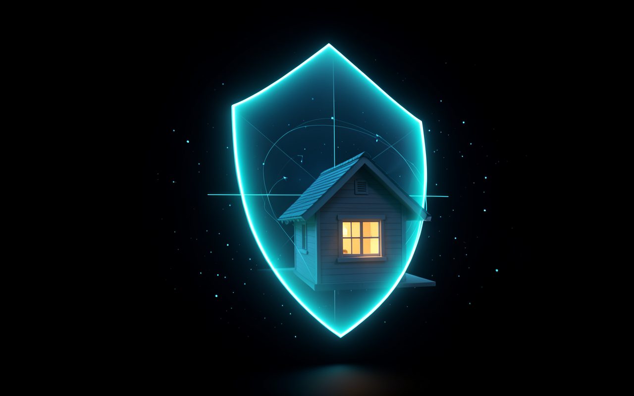 Una casa con una ventana encendida protegida por un escudo de luz