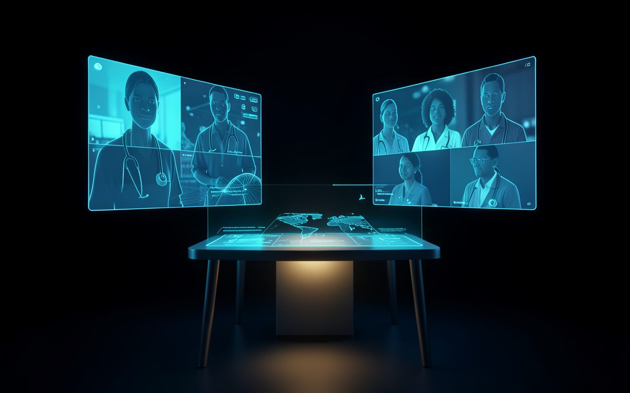 Pantallas holográficas con profesionales de salud en una videoconferencia