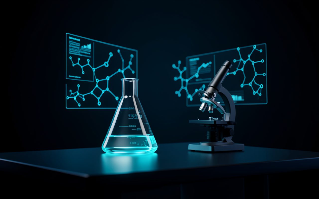 Matraz y microscopio rodeados de gráficos moleculares holográficos