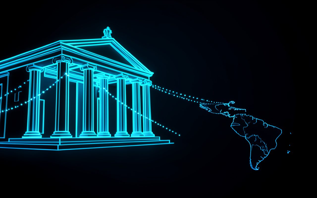 Edificio de columnas hecho de líneas de luz conectado con un mapa de Latinoamérica