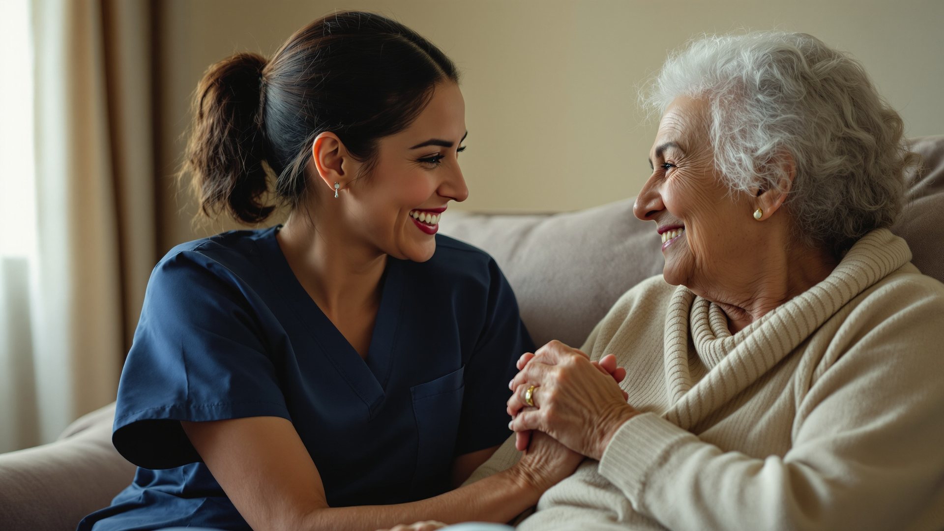 Enfermera sonriendo y sosteniendo la mano de una persona mayor en su casa