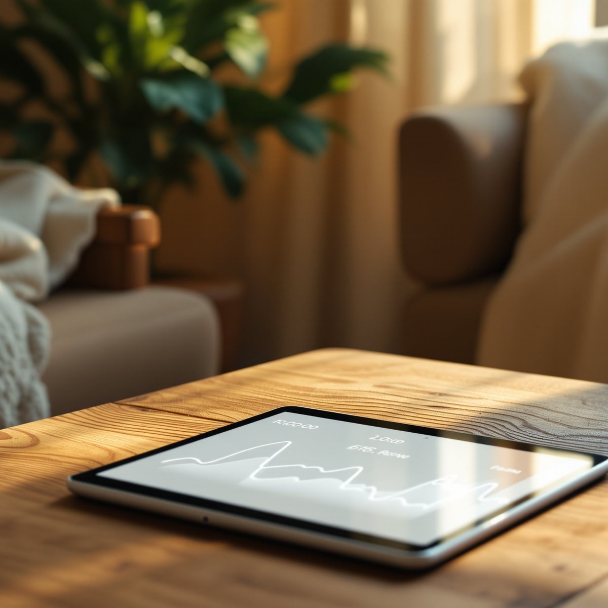 Tablet de telemonitoreo sobre una mesa en la sala de una casa